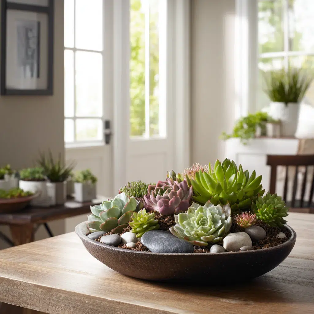 Small Zen Garden Ideas: Succulent and Stone Shallow Bowl Garden