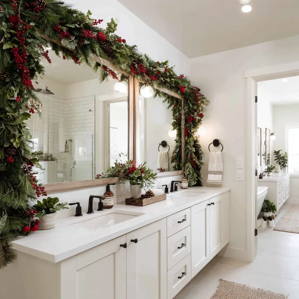 Charming Christmas Bathroom Decor Ideas: Garland Draped Above the Mirror