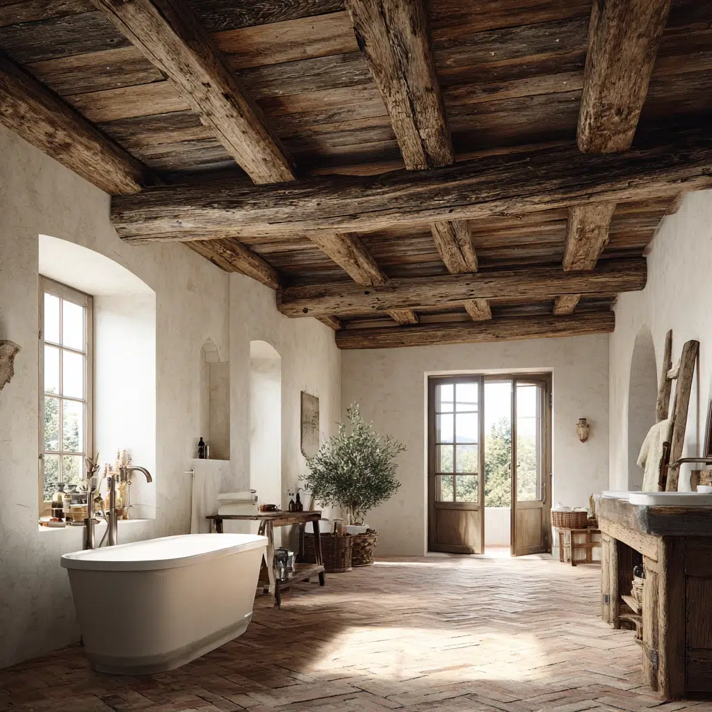 Aesthetic Italian Bathroom Ideas: Rustic Wood Beam Ceiling