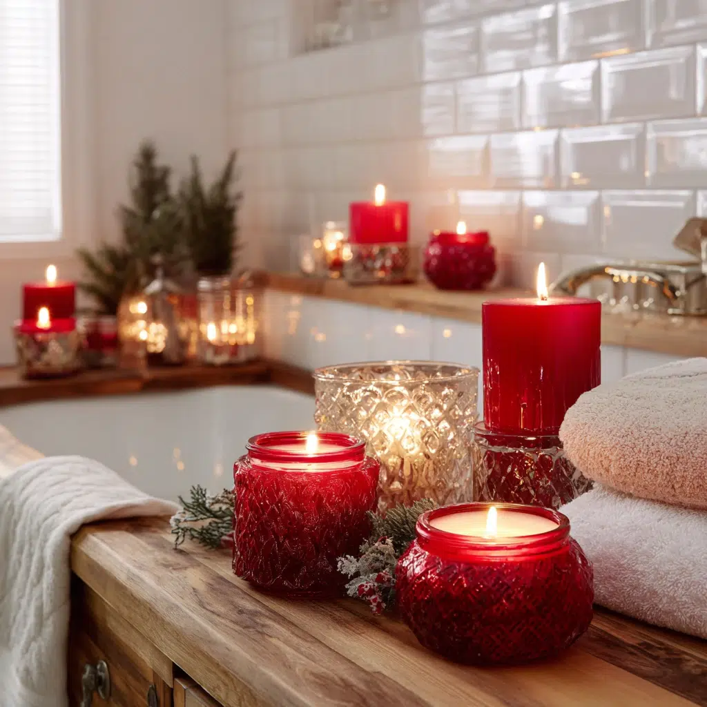 Charming Christmas Bathroom Decor Ideas: Christmas-Scented Candles in Festive Holders