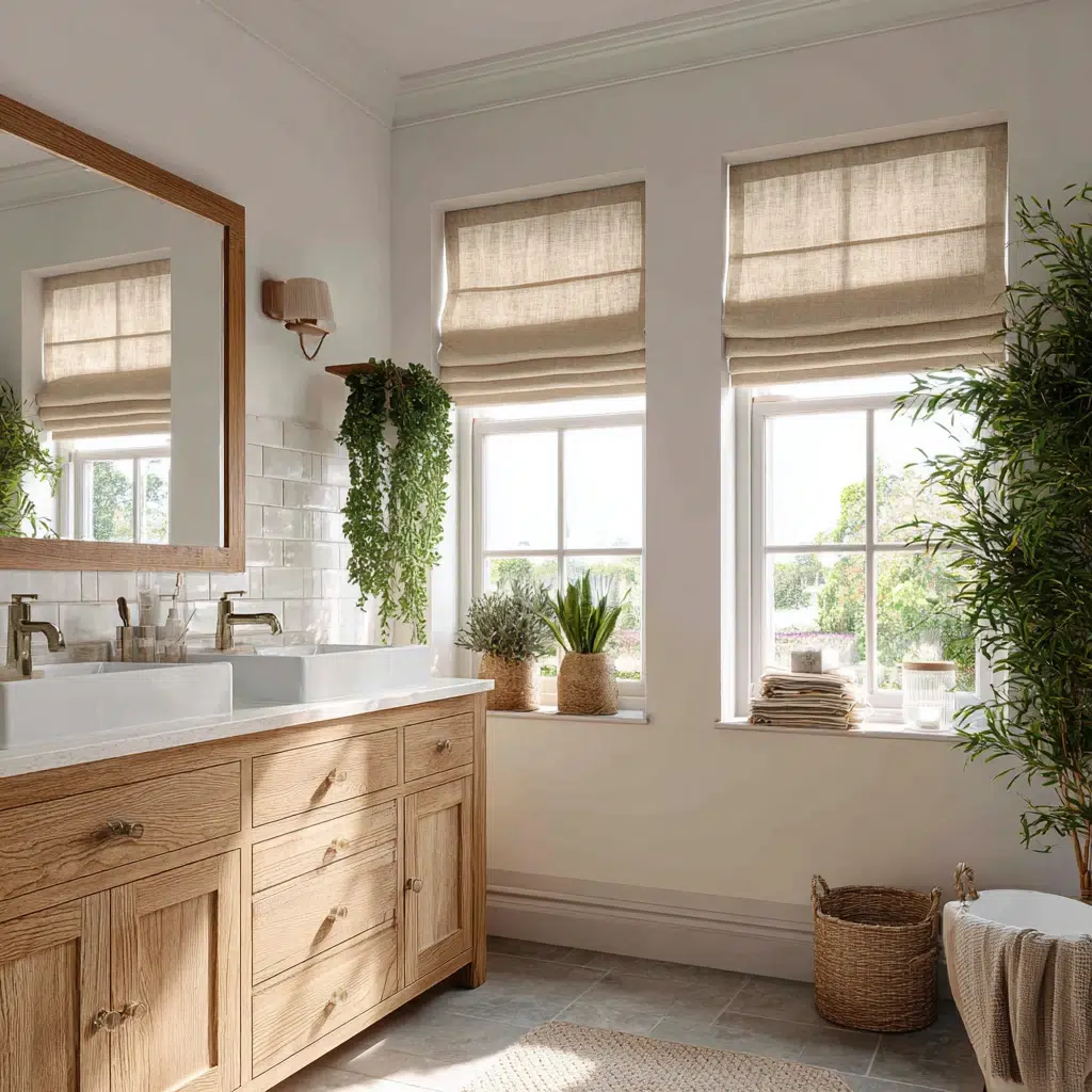 Aesthetic Irish Bathroom Ideas: Linen Roman Shades