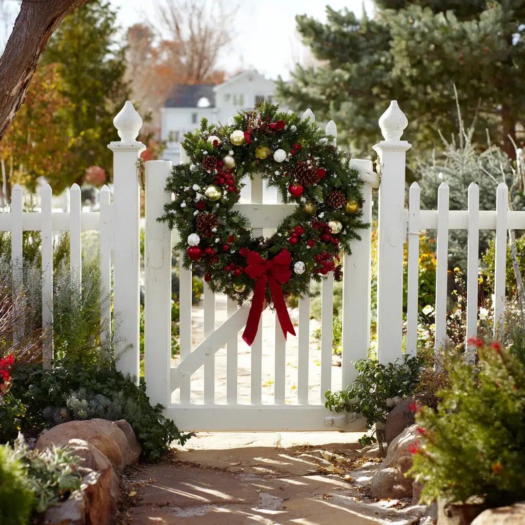 Stunning Christmas Garden Decoration Ideas: Hang a Festive Wreath on Your Garden Gate