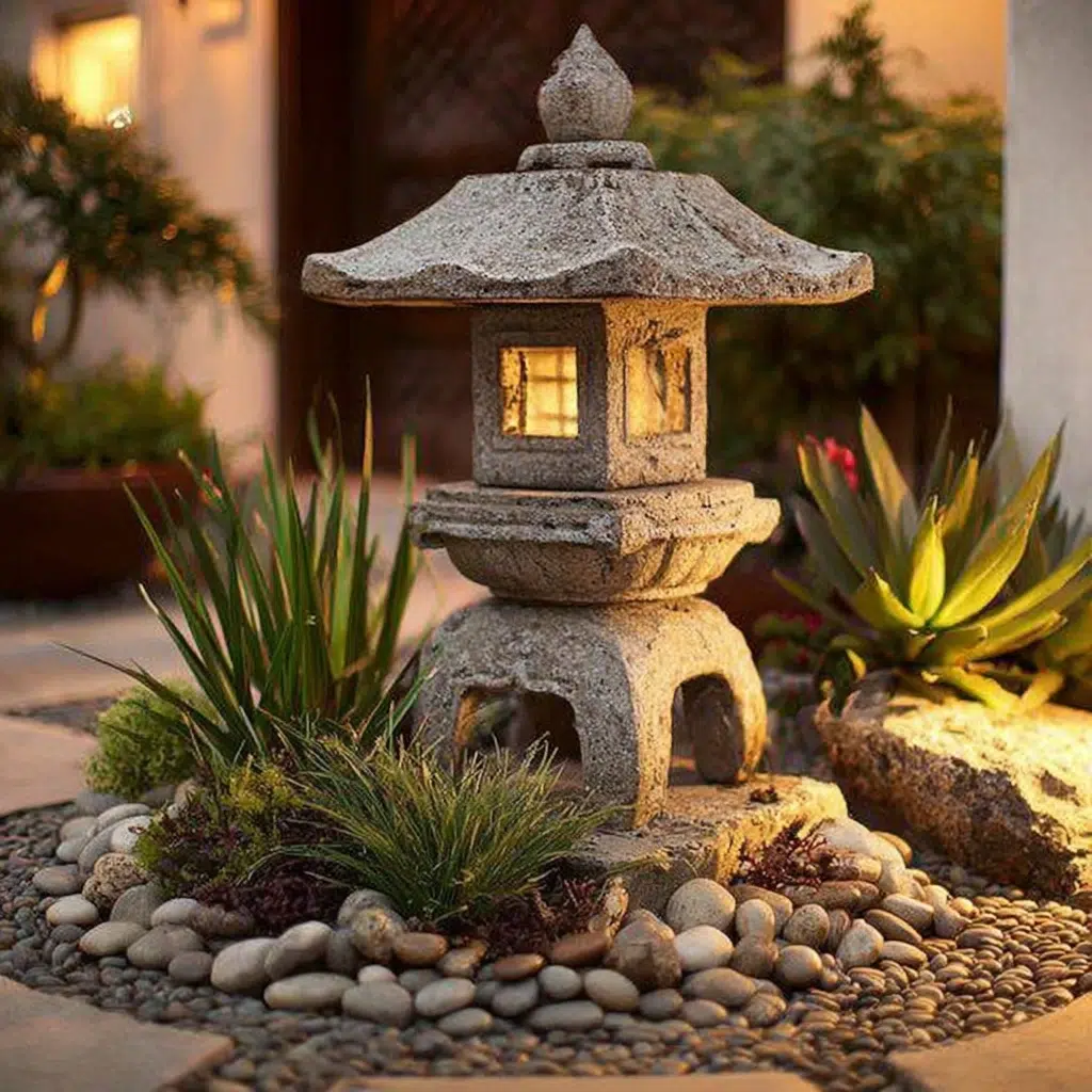 Small Zen Garden Ideas: Japanese Garden Lantern with Surrounding Plants