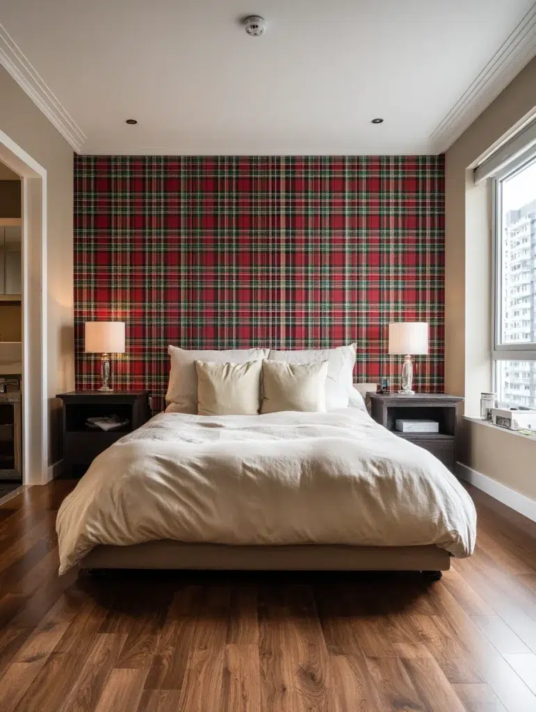 Aesthetic Scottish Bedroom Ideas: Classic Tartan Accent Wall