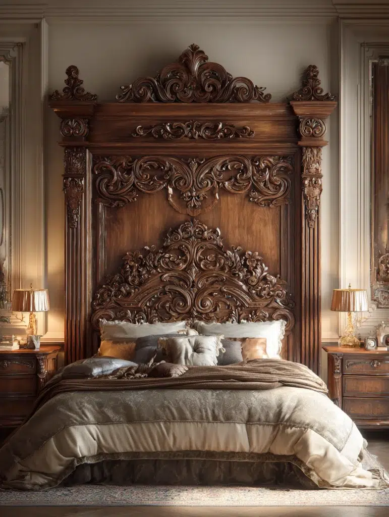 Aesthetic Italian Bedroom Ideas: Ornate Carved Headboard for Maximum Drama