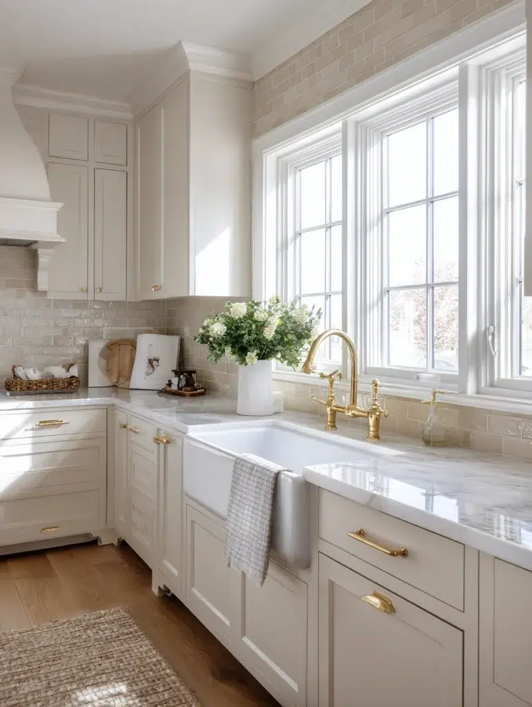 White and Beige Kitchen Ideas: Farmhouse Sink in White