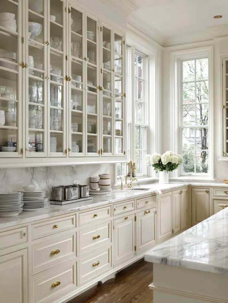 White and Beige Kitchen Ideas: Glass-Front Upper Cabinets