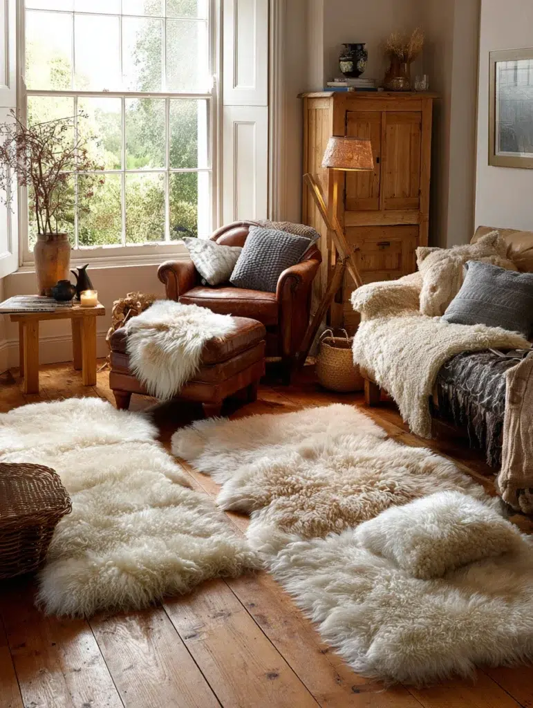 Aesthetic Scottish Living Room Ideas: Sheepskin Rugs and Throws