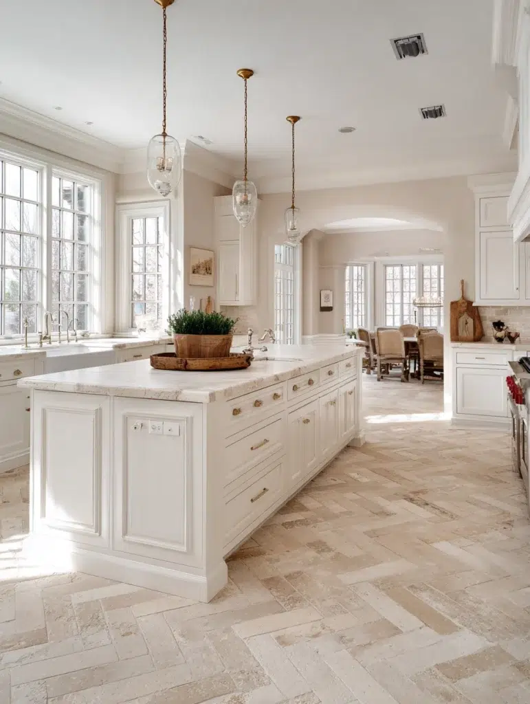 White and Beige Kitchen Ideas: Beige Stone or Tile Flooring