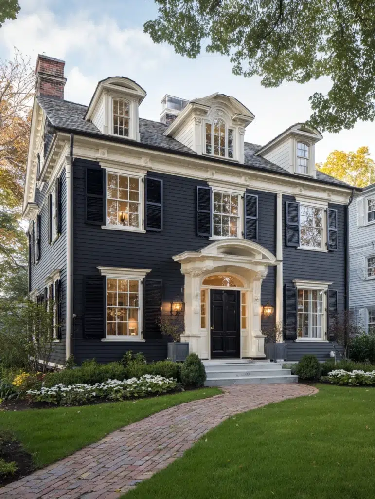Dark Exterior House Color Schemes: Dark Slate Gray with Cream Trim