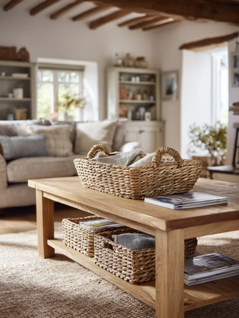Scottish Coffee Table Styling Ideas: Incorporate Woven Baskets for Practical Storage