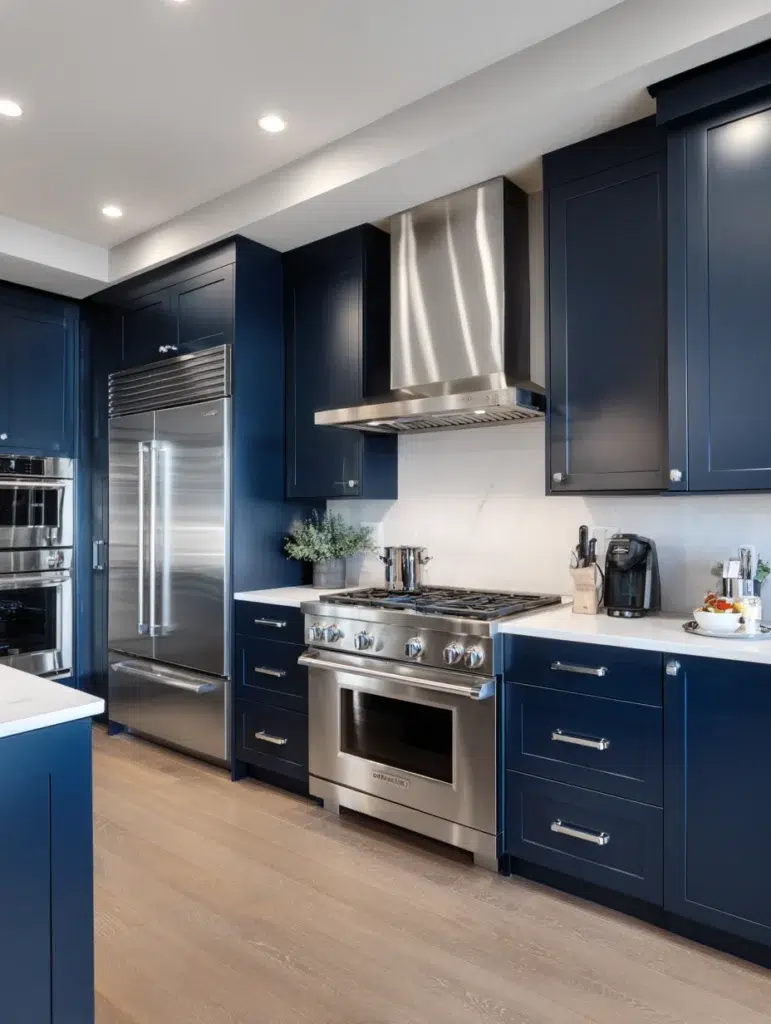 Navy Blue Kitchen Cabinet Ideas: Navy with Stainless Steel Appliances