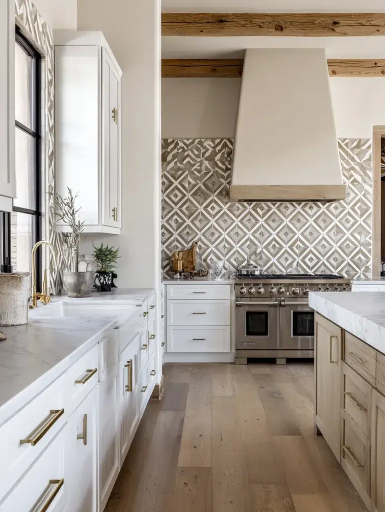 White and Beige Kitchen Ideas: Concrete or Cement Tile Accents