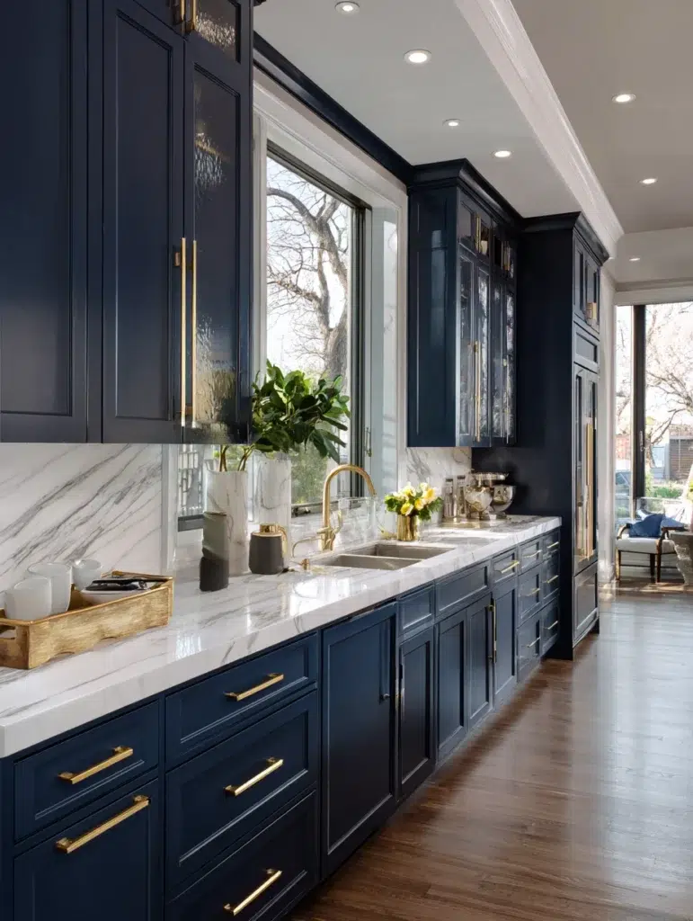 Navy Blue Kitchen Cabinet Ideas: Navy Cabinets with Gold Hardware
