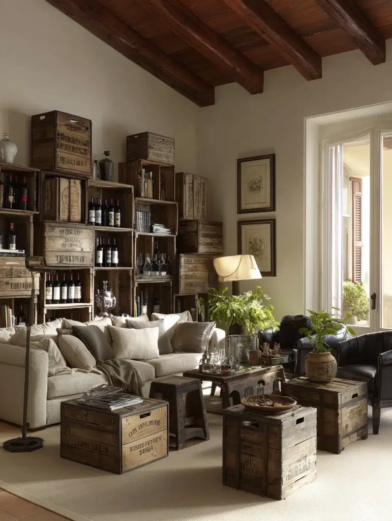 Aesthetic Italian Living Room Ideas: Display Vintage Italian Wine Crates as Decorative Storage