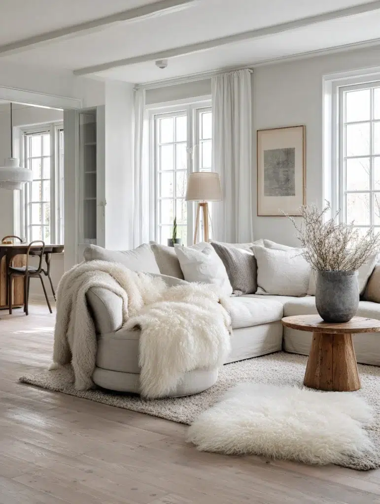 Stunning Swedish Living Room Ideas: Add Sheepskin Throws