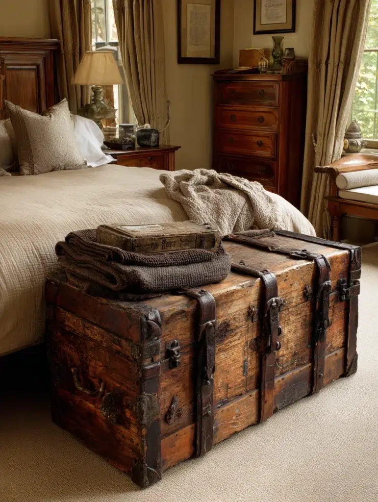 Aesthetic Irish Bedroom Ideas: Add a Vintage or Antique Wood Trunk at the Foot of the Bed