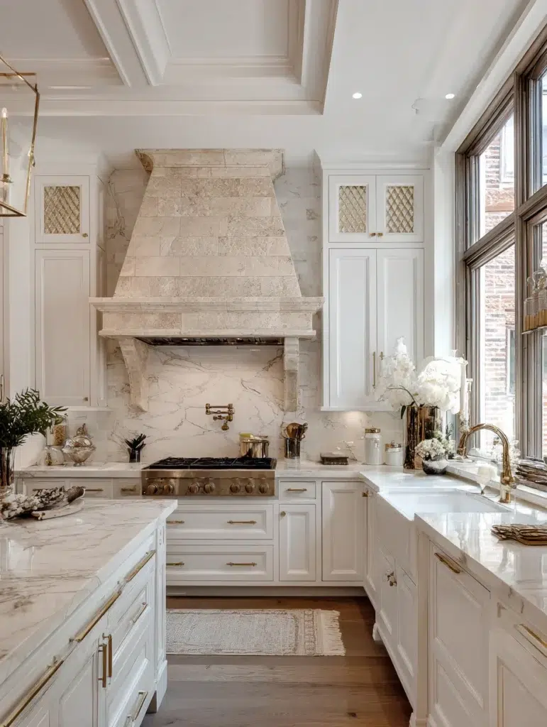 White and Beige Kitchen Ideas: Natural Stone Range Hood