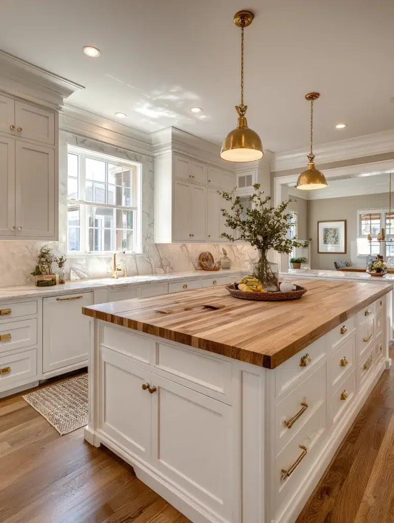 White and Beige Kitchen Ideas: Butcher Block Island Top