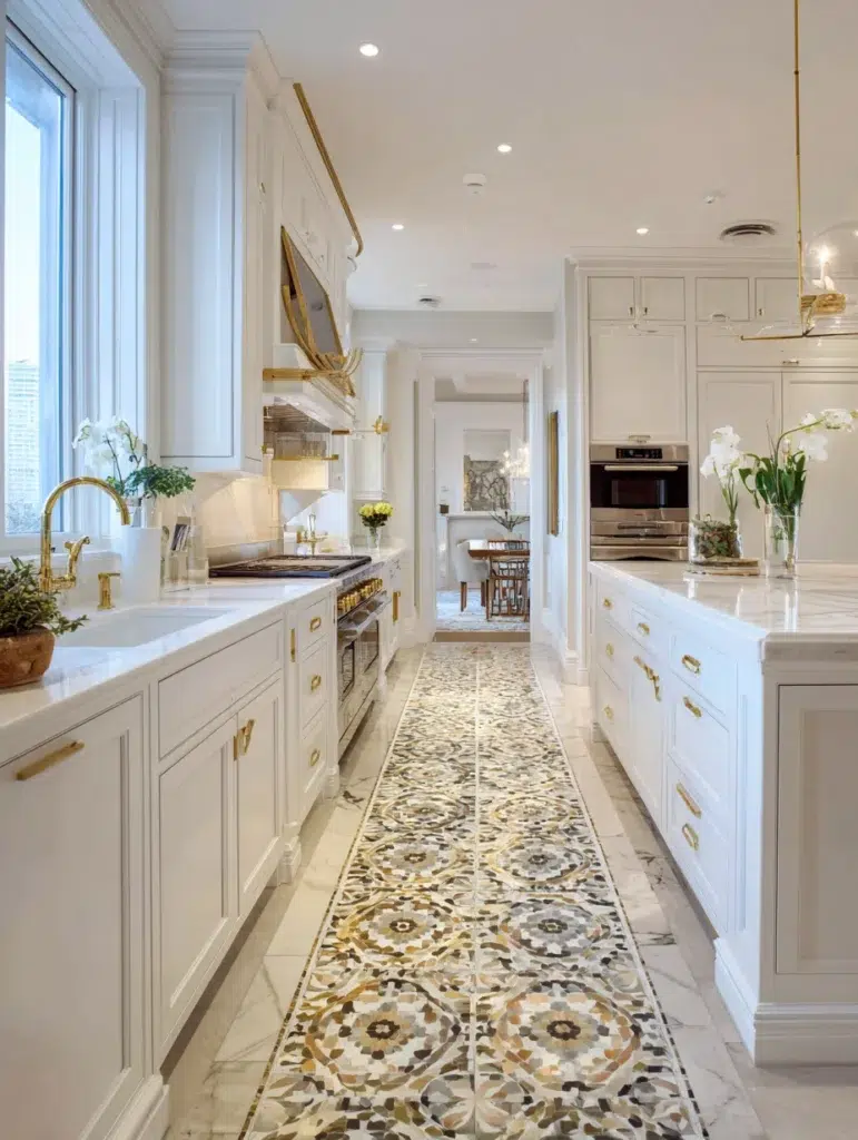 White and Beige Kitchen Ideas: Patterned Floor Tile Rug