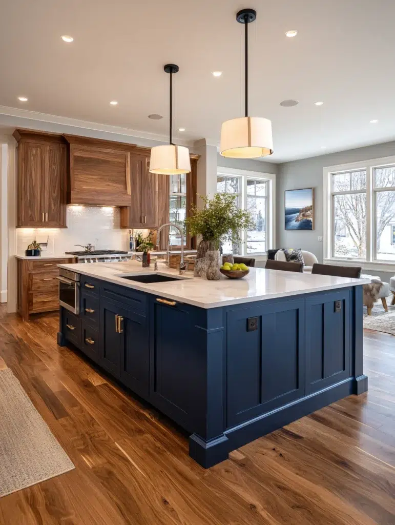 Navy Blue Kitchen Cabinet Ideas: Navy Island with Natural Wood Perimeter