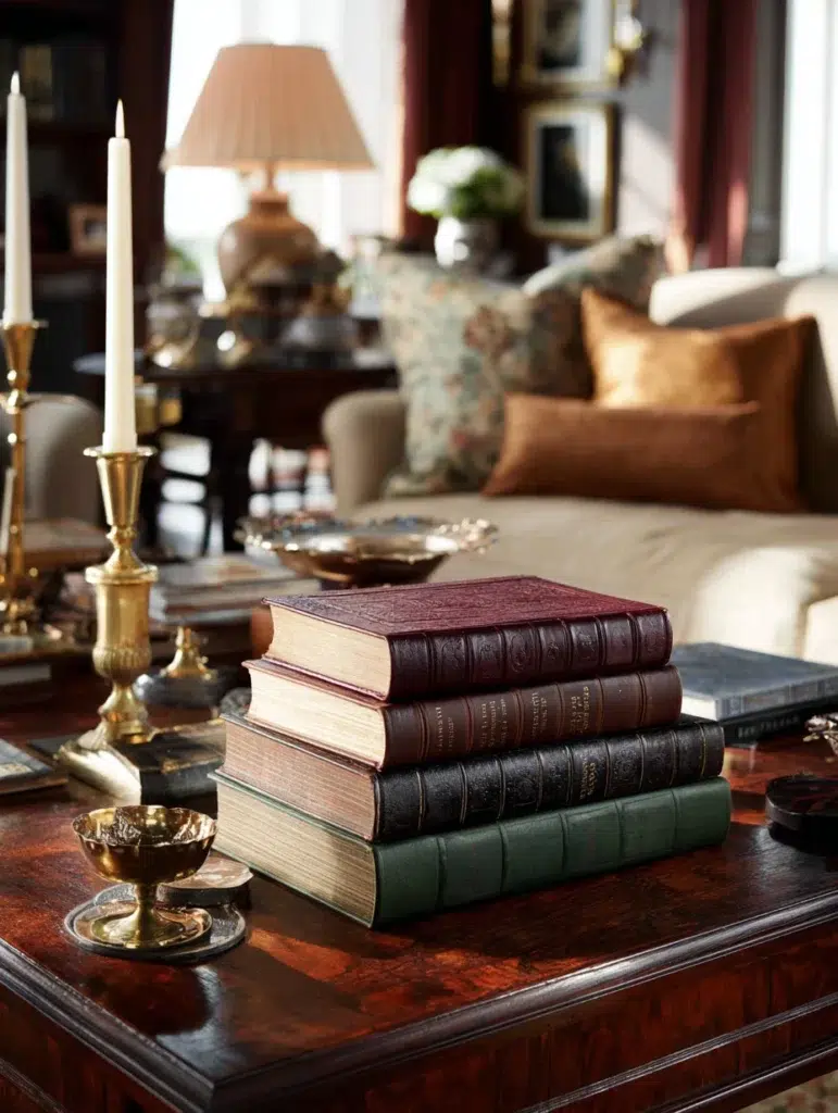 Scottish Coffee Table Styling Ideas: Stack Leather-Bound Books for Literary Sophistication