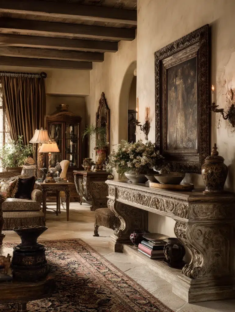 Aesthetic Italian Living Room Ideas: Feature an Ornate Antique or Antique-Style Console Table
