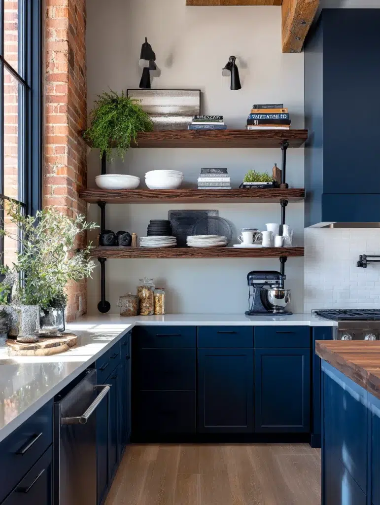 Navy Blue Kitchen Cabinet Ideas: Navy with Mixed Material Open Shelving