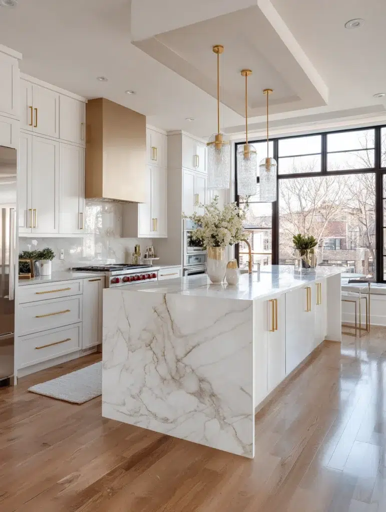 White and Beige Kitchen Ideas: White Quartz Waterfall Island
