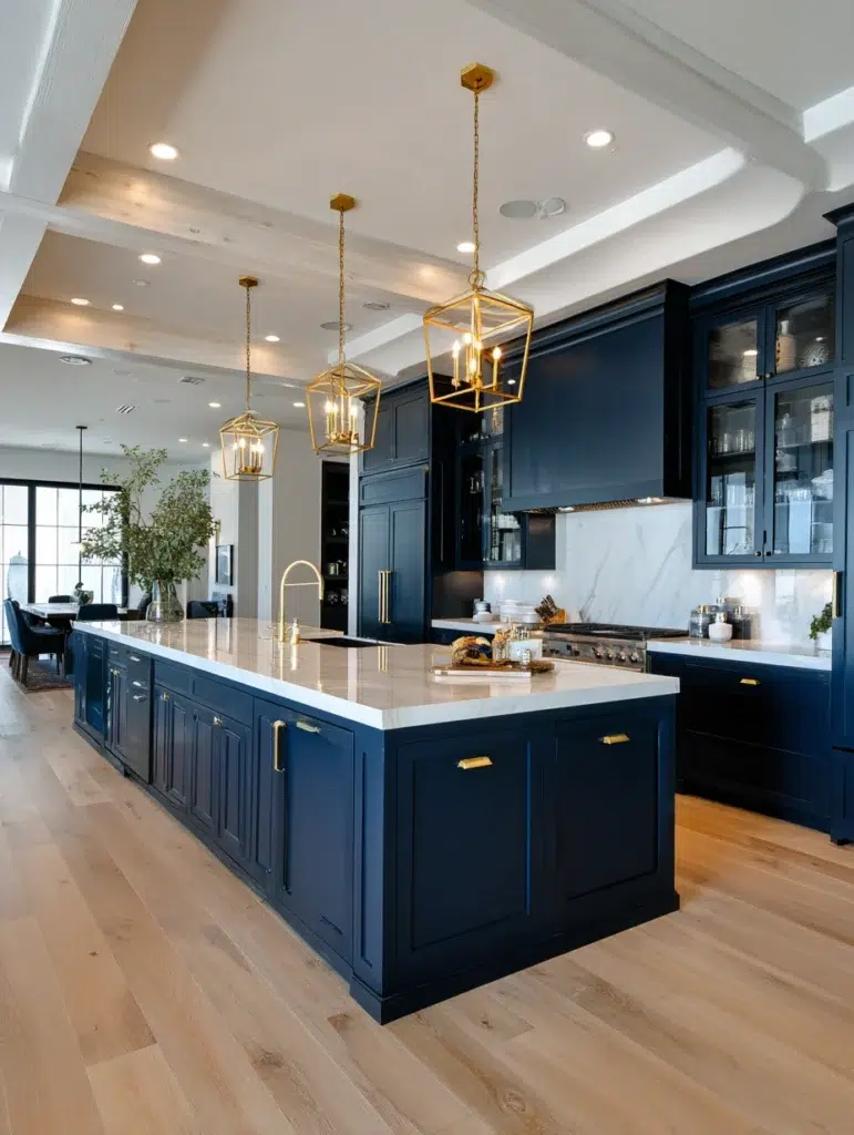 Navy Blue Kitchen Cabinet Ideas: Navy Cabinets with Pendant Lighting