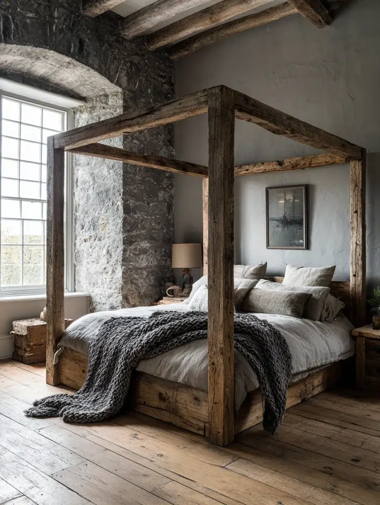 Aesthetic Scottish Bedroom Ideas: Reclaimed Wood Four-Poster Bed