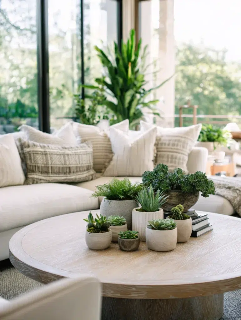 Elegant Round Coffee Table Styling Ideas: Add Greenery for Life and Freshness