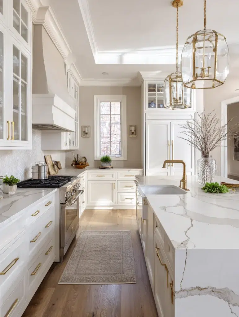 White and Beige Kitchen Ideas: Marble or Quartz Countertops