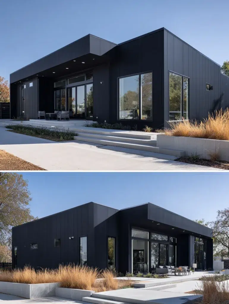 Dark Exterior House Color Schemes: Matte Black with White Windows