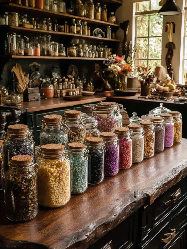 Witchy Kitchen Aesthetic Ideas: Vintage Apothecary Jars for Storage