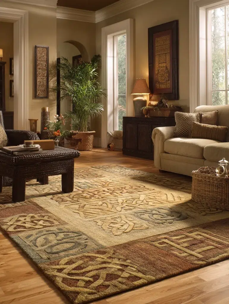 Aesthetic Irish Living Room Ideas: Vintage Wool Rugs with Celtic Patterns