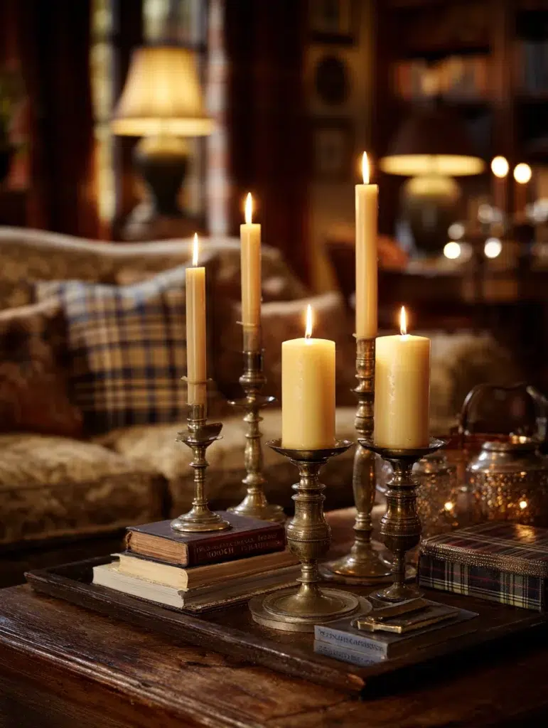 Scottish Coffee Table Styling Ideas: Add Brass Candlesticks for Warm Ambient Lighting