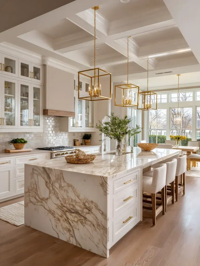White and Beige Kitchen Ideas: Brass or Gold Light Fixtures