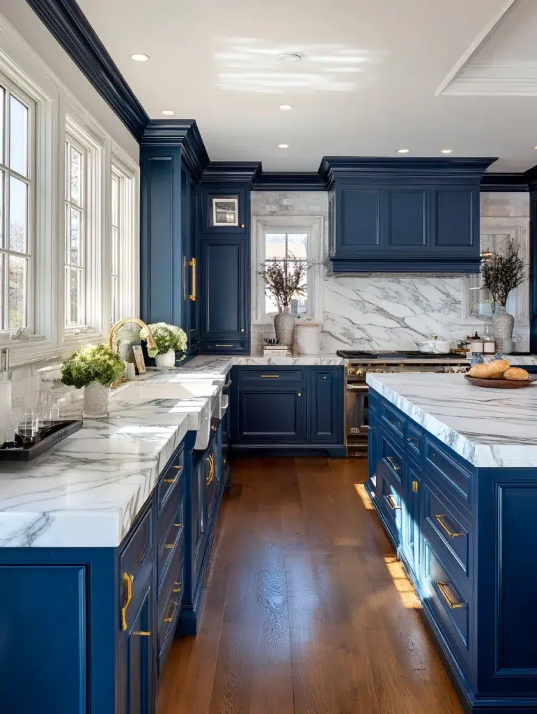 Navy Blue Kitchen Cabinet Ideas: Navy Cabinets with Marble Countertops