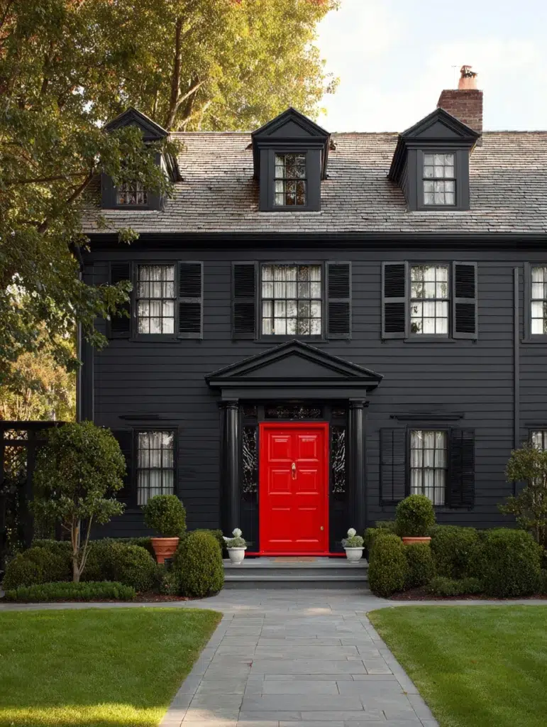Dark Exterior House Color Schemes: Black with Red Front Door