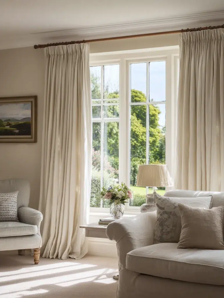 Aesthetic Irish Living Room Ideas: Linen Window Treatments in Natural Tones