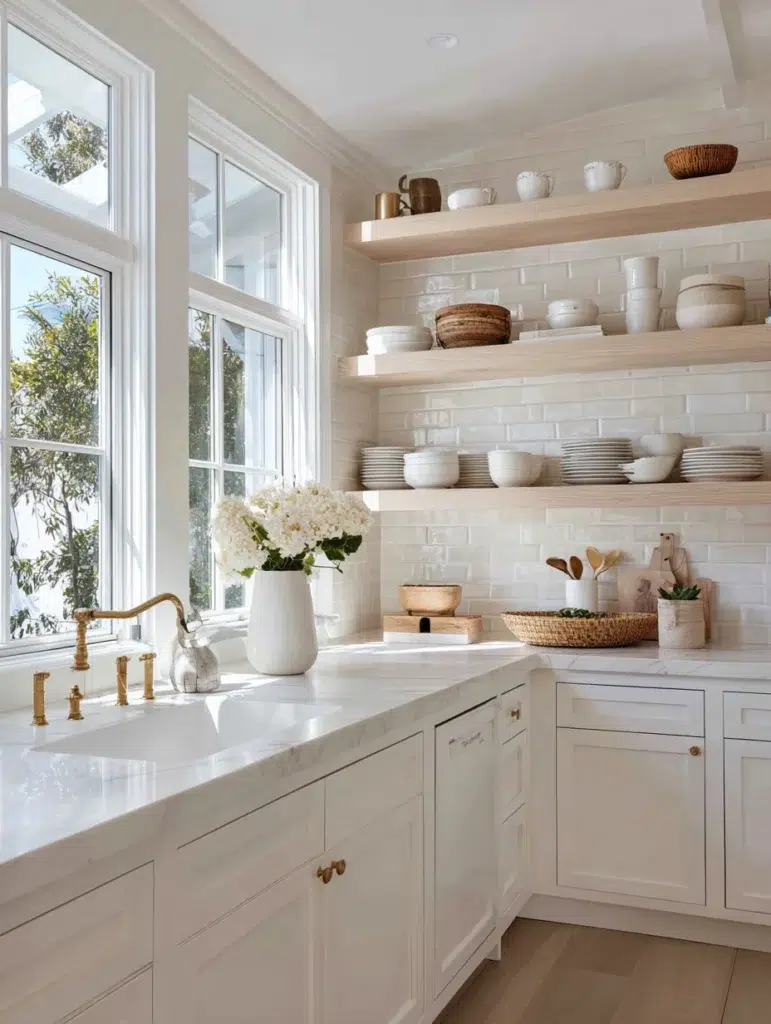 White and Beige Kitchen Ideas: Open Shelving Display