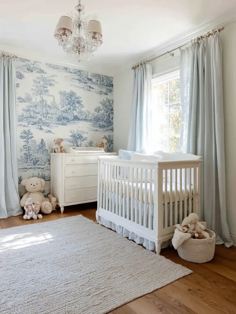 Elegant French Nursery Ideas: Classic Toile Wallpaper Feature Wall