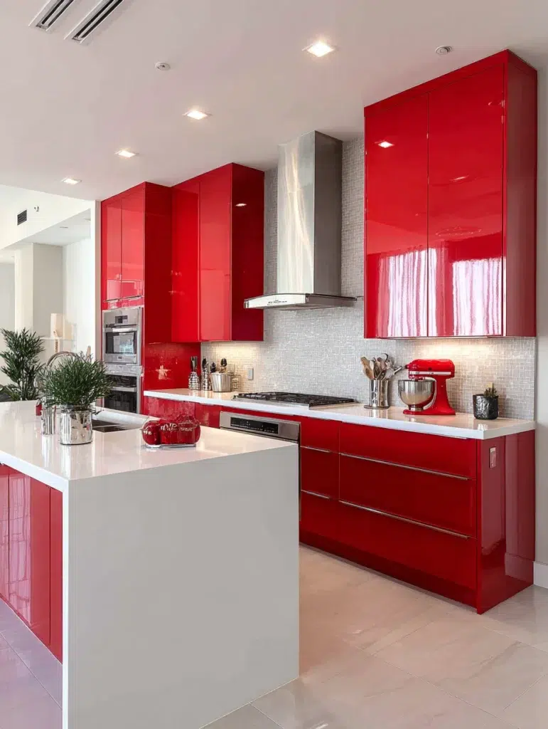 Red Kitchen Decor Ideas: High-Gloss Red Cabinets That Shine