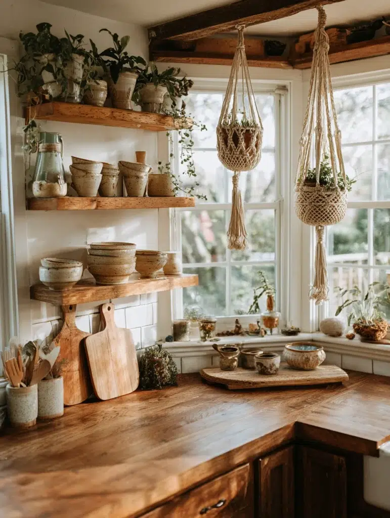 Small Boho Kitchen Ideas: Macramé Magic on Open Shelving