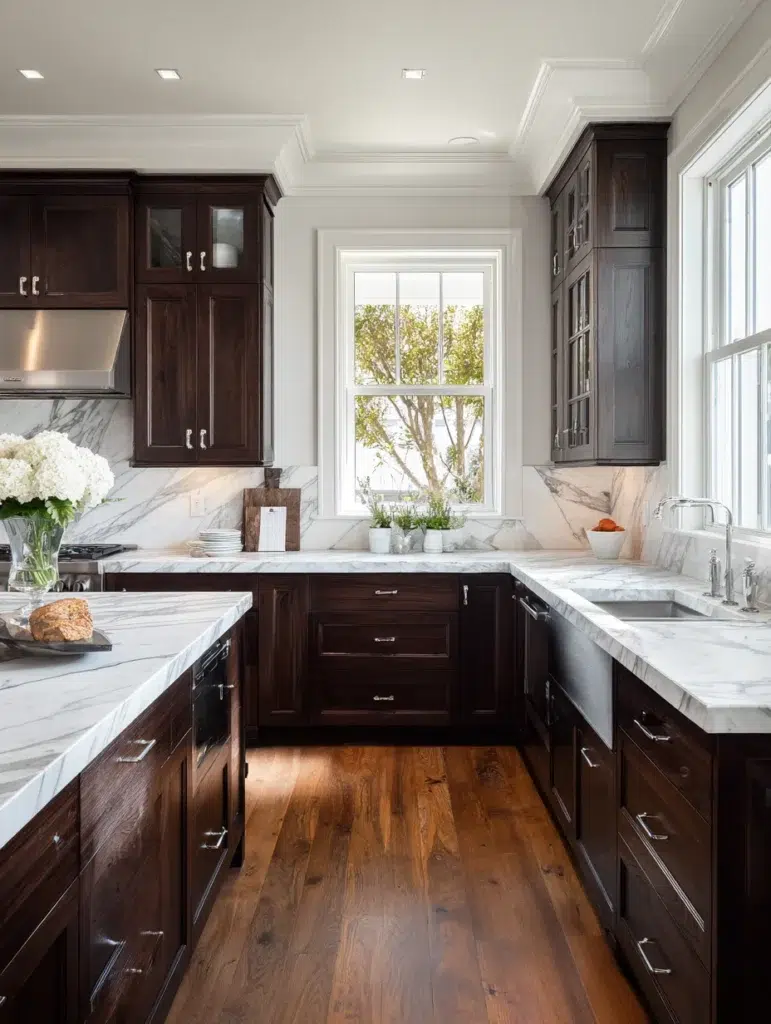 Dark Brown Kitchen Cabinet Ideas: Pair With White Marble Countertops