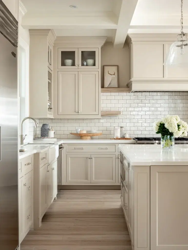 Beige Kitchen Cabinet Ideas: Beige Cabinets with Subway Tile Backsplash