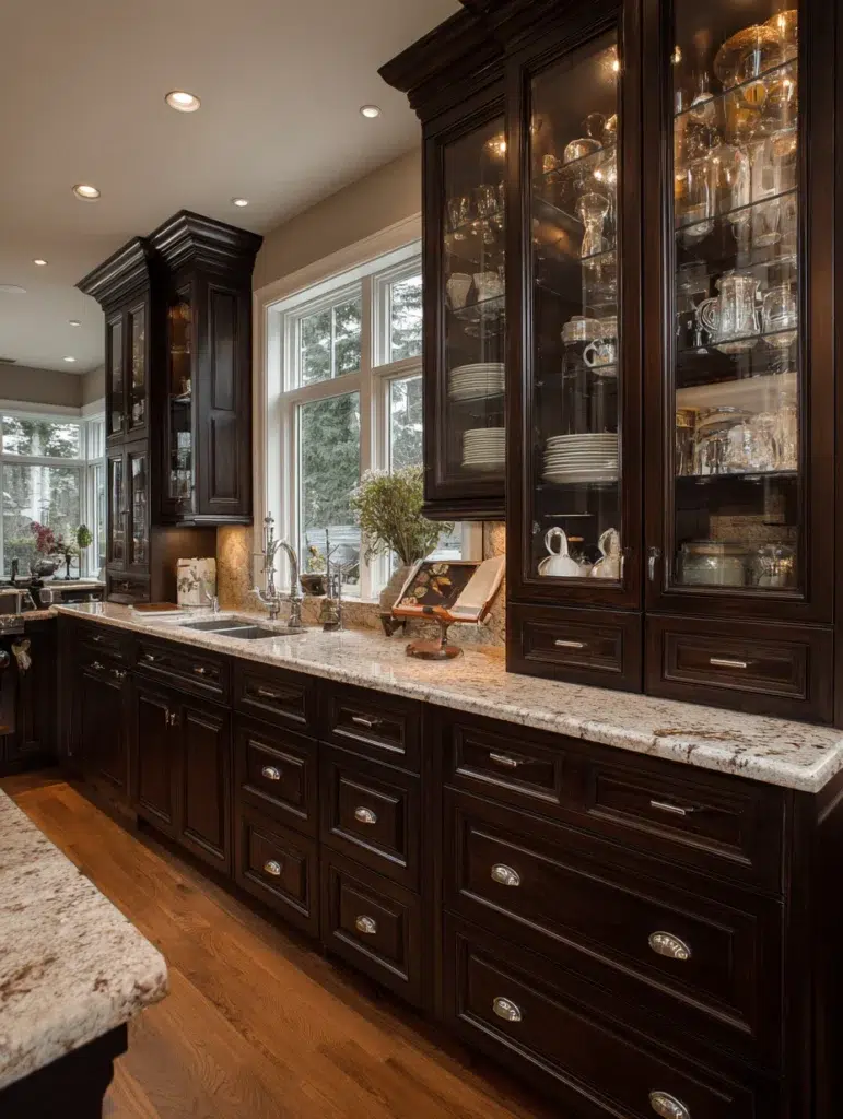 Dark Brown Kitchen Cabinet Ideas: Install Glass-Front Upper Cabinets