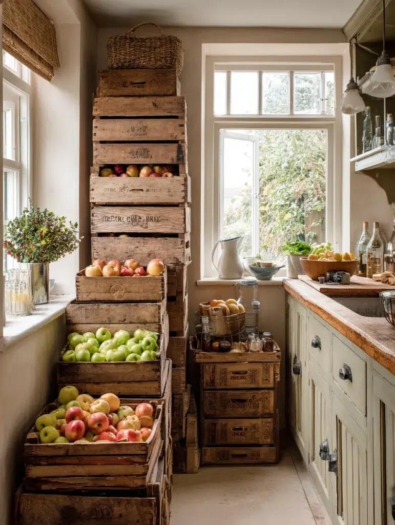 Small Boho Kitchen Ideas: Vintage Wooden Crates for Produce Storage