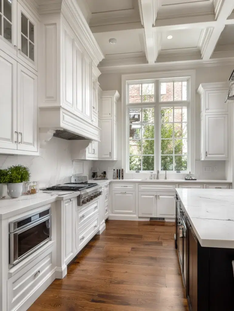 Black and White Kitchen Cabinet Ideas: White Cabinets with Black Crown Molding